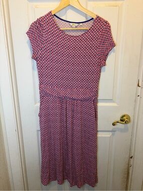 Boden Amelie Pink Navy Geometric Cap-Sleeve Midi Dress with Pockets